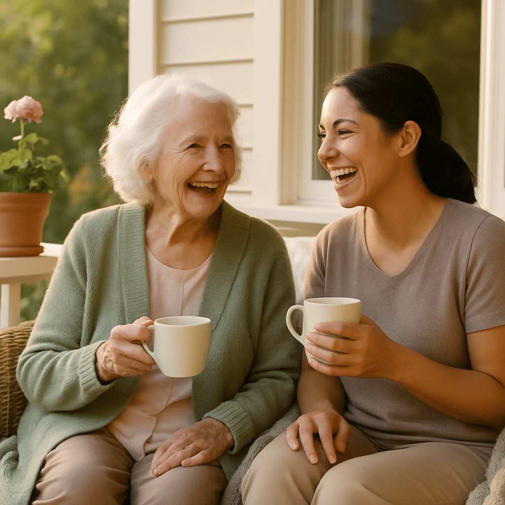 senior and caregiver enjoying coffee on the porch
