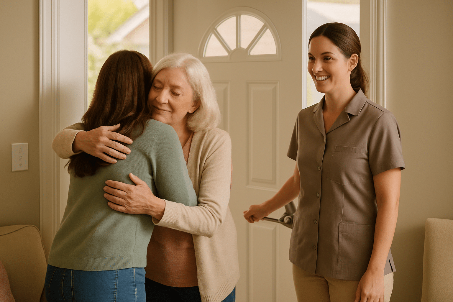 senior saying goodbye to family member as caregiver has arrived for respite care